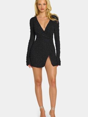 Oh Polly Chelsea Wrap Over A-Line Mini Dress in Black